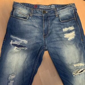 Locomotive denim industries size 7 ripped leg jeans, straight cut lightl…